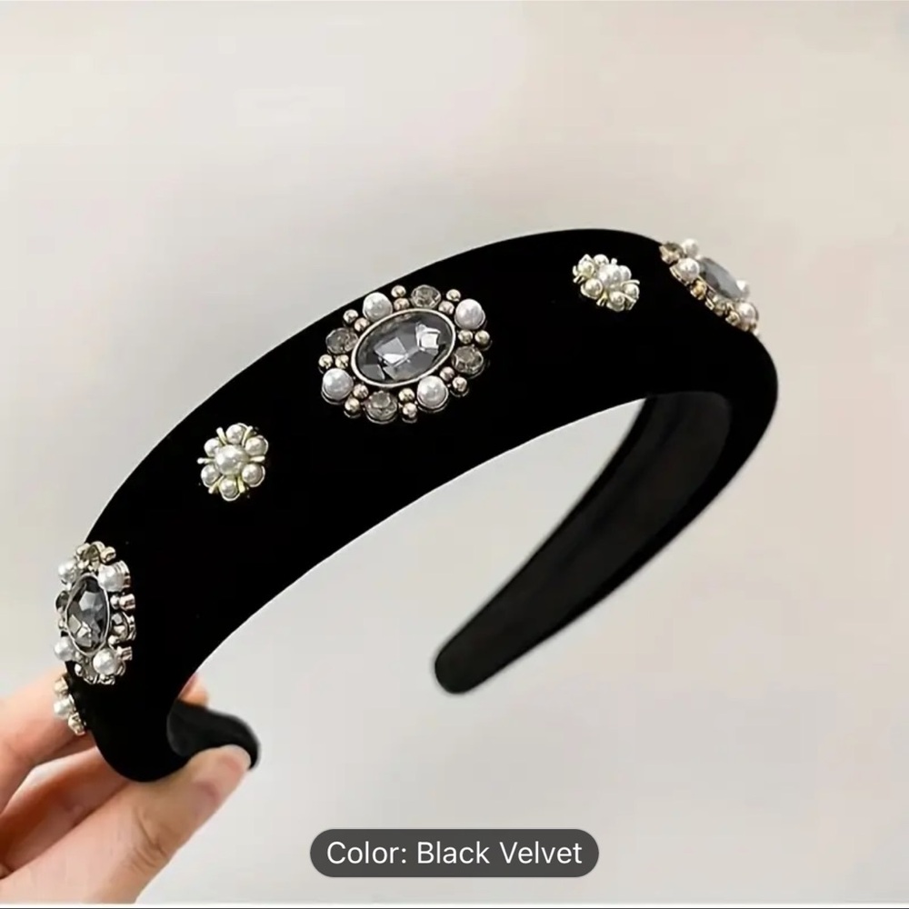 Hand-made Vintage Velvet Headband with Faux Pearls & Rhinestones